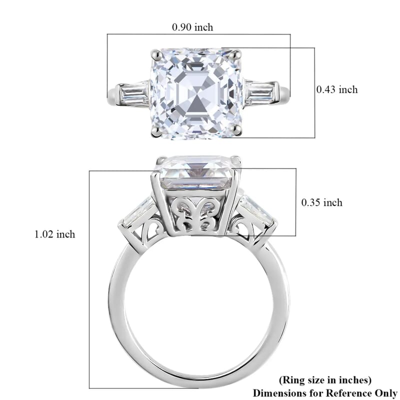 D'Joy Asscher Cut Moissanite Trilogy Ring in Platinum Plated Sterling Silver, 3 Stone Engagement Rings For Women (Size 10.0) 5.85 ctw