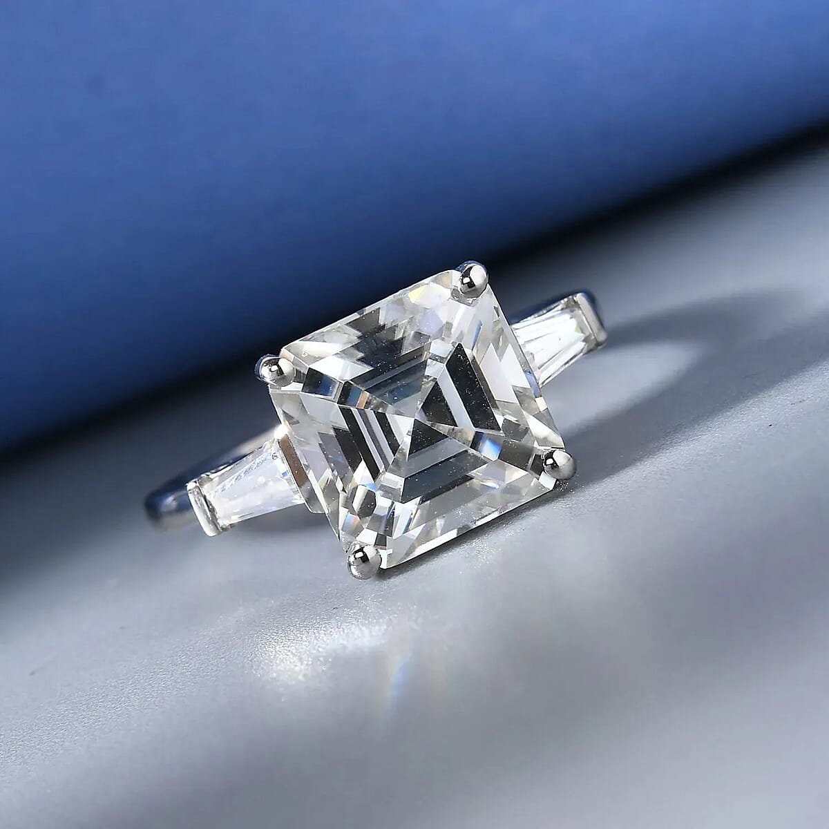 Asscher Cut Moissanite 5.85 ctw Trilogy Ring in Platinum Over Sterling Silver, 3 Stone Engagement Rings For Women, Promise Rings (Size 11.0) image number 1