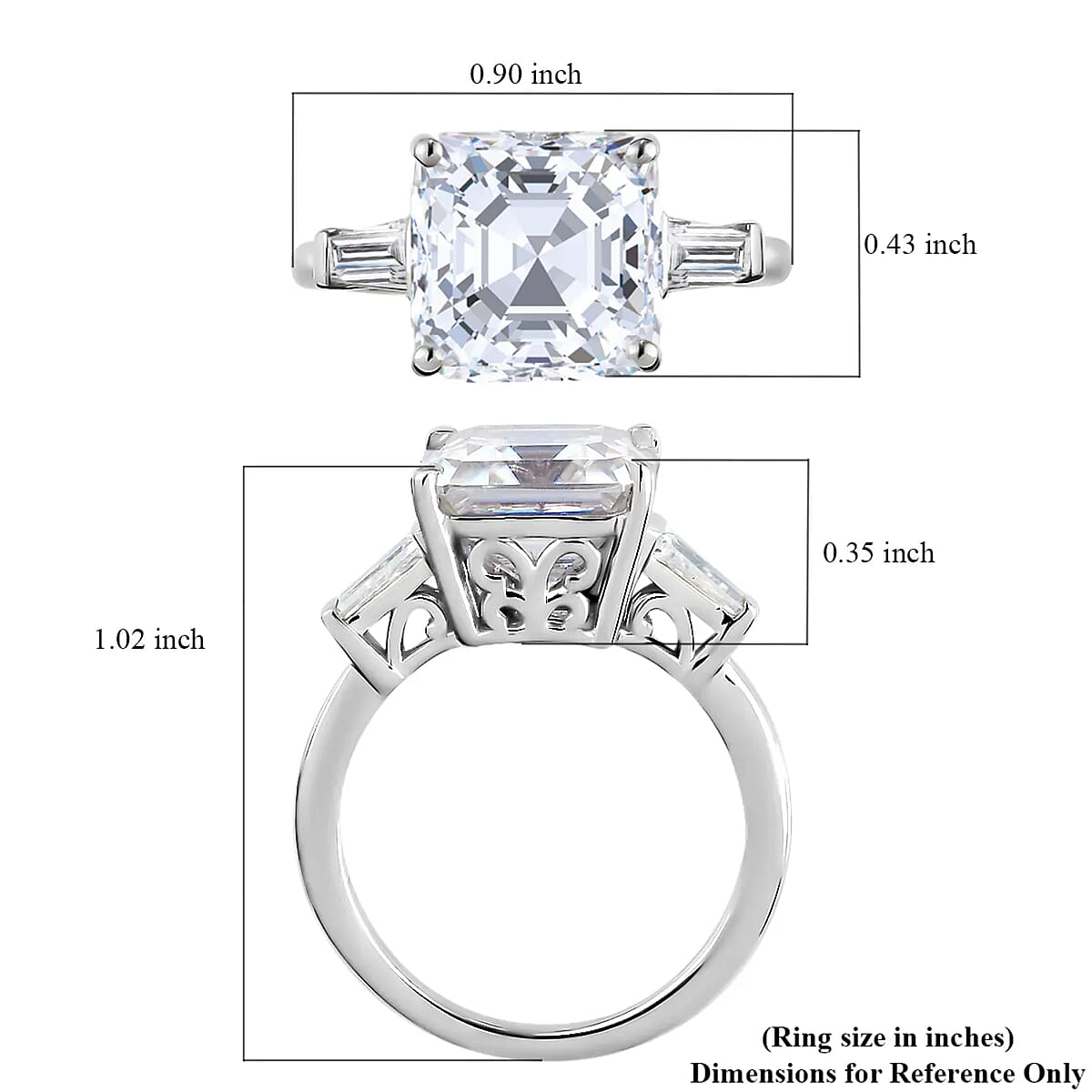 Asscher Cut Moissanite 5.85 ctw Trilogy Ring in Platinum Over Sterling Silver, 3 Stone Engagement Rings For Women, Promise Rings (Size 11.0) image number 6