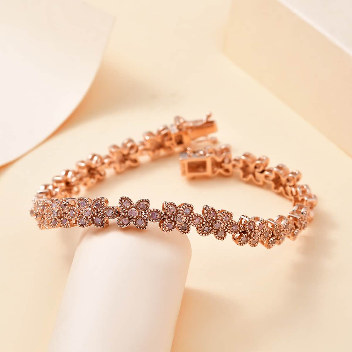 Uncut Natural Pink Diamond 1.50 ctw Floral Bracelet in 18K Vermeil Rose Gold Over Sterling Silver (7.25 In) image number 1