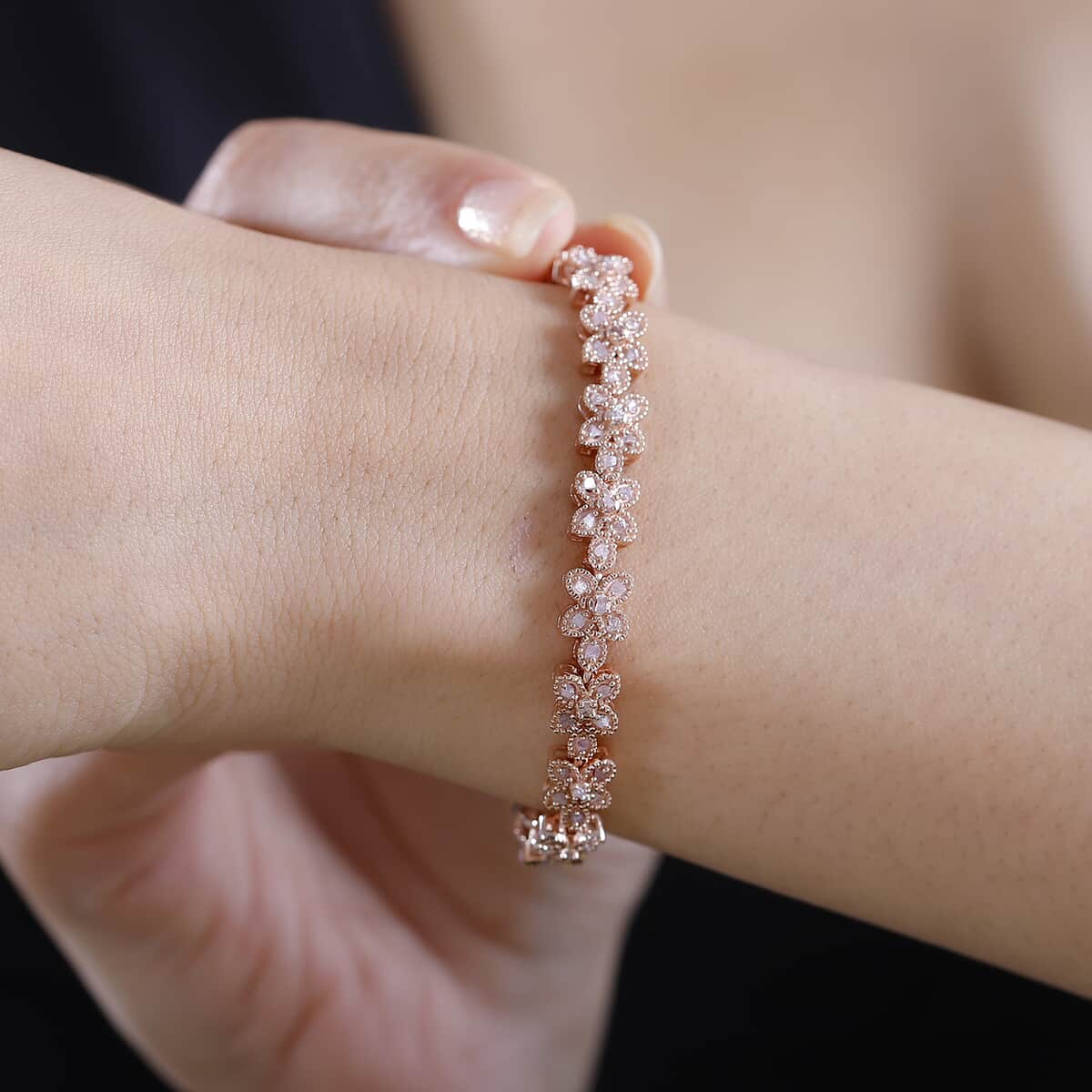 Uncut Natural Pink Diamond 1.50 ctw Floral Bracelet in 18K Vermeil Rose Gold Over Sterling Silver (7.25 In) image number 2