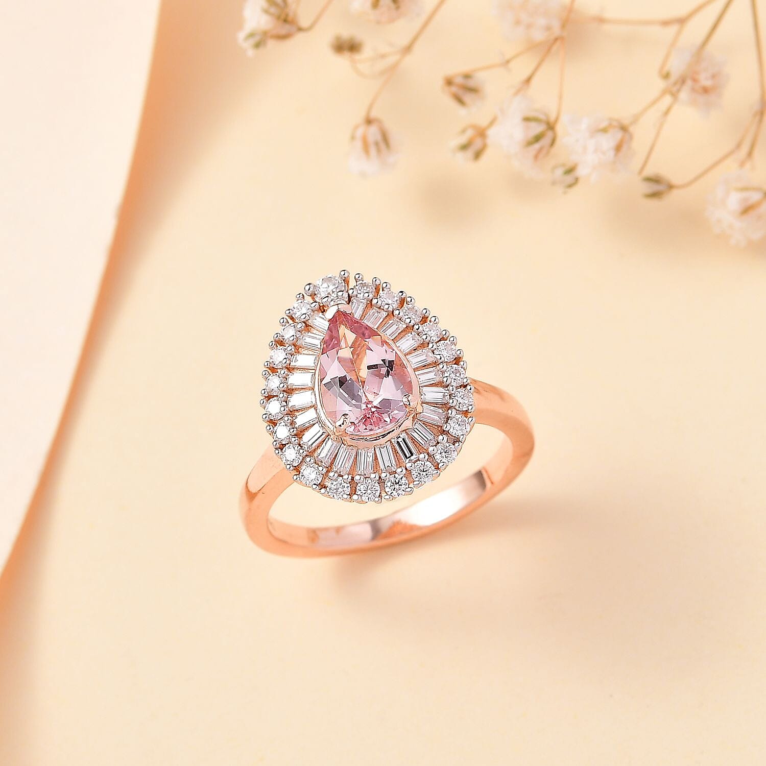 Premium Pink Morganite and Moissanite Ring in 18K Vermeil Rose Gold Over Sterling Silver (Size 10.0) 2.00 ctw