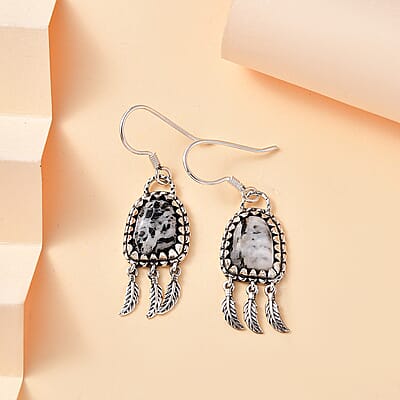 Artisan Crafted White Buffalo 8.00 ctw Fish Hook Earrings in Black Oxidized Sterling Silver