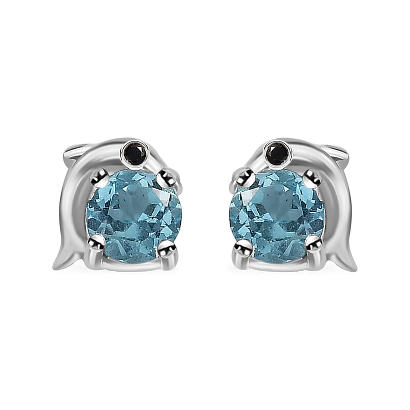 D'Joy Premium Betroka Blue Apatite and Thai Black Spinel 0.60 ctw Dolphin Stud Earrings in Rhodium Over Sterling Silver