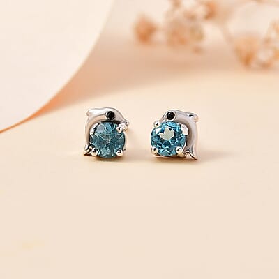 D'Joy Premium Betroka Blue Apatite and Thai Black Spinel 0.60 ctw Dolphin Stud Earrings in Rhodium Over Sterling Silver