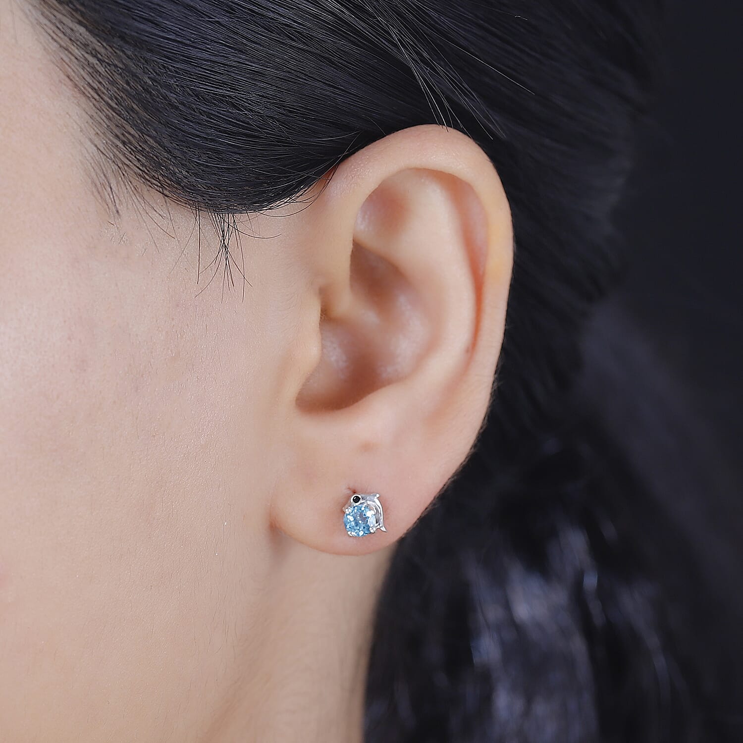D'Joy Premium Betroka Blue Apatite and Thai Black Spinel 0.60 ctw Dolphin Stud Earrings in Rhodium Over Sterling Silver