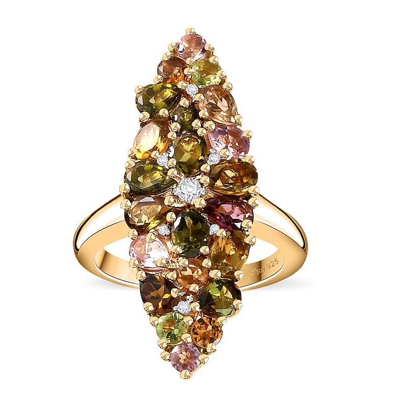 D'Joy Multi-Tourmaline and White Zircon 3.15 ctw Bunch of Flower Ring in 18K Vermeil Yellow Gold Over Sterling Silver (Size 10.0)