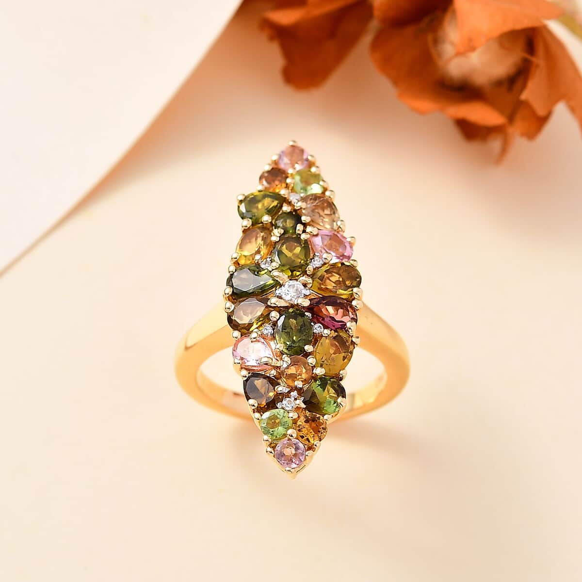 Premium Multi-Tourmaline, White Zircon Ring in 18K Vermeil YG Over Sterling Silver (Size 10.0) 3.15 ctw image number 1