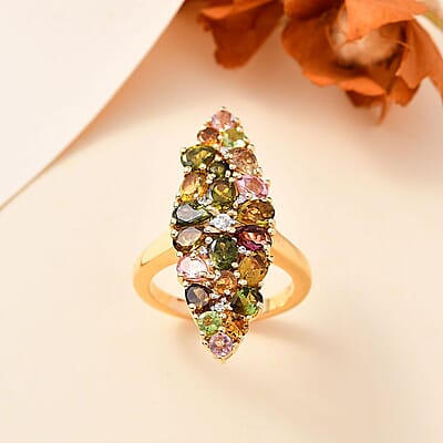 D'Joy Multi-Tourmaline and White Zircon 3.15 ctw Bunch of Flower Ring in 18K Vermeil Yellow Gold Over Sterling Silver (Size 10.0)