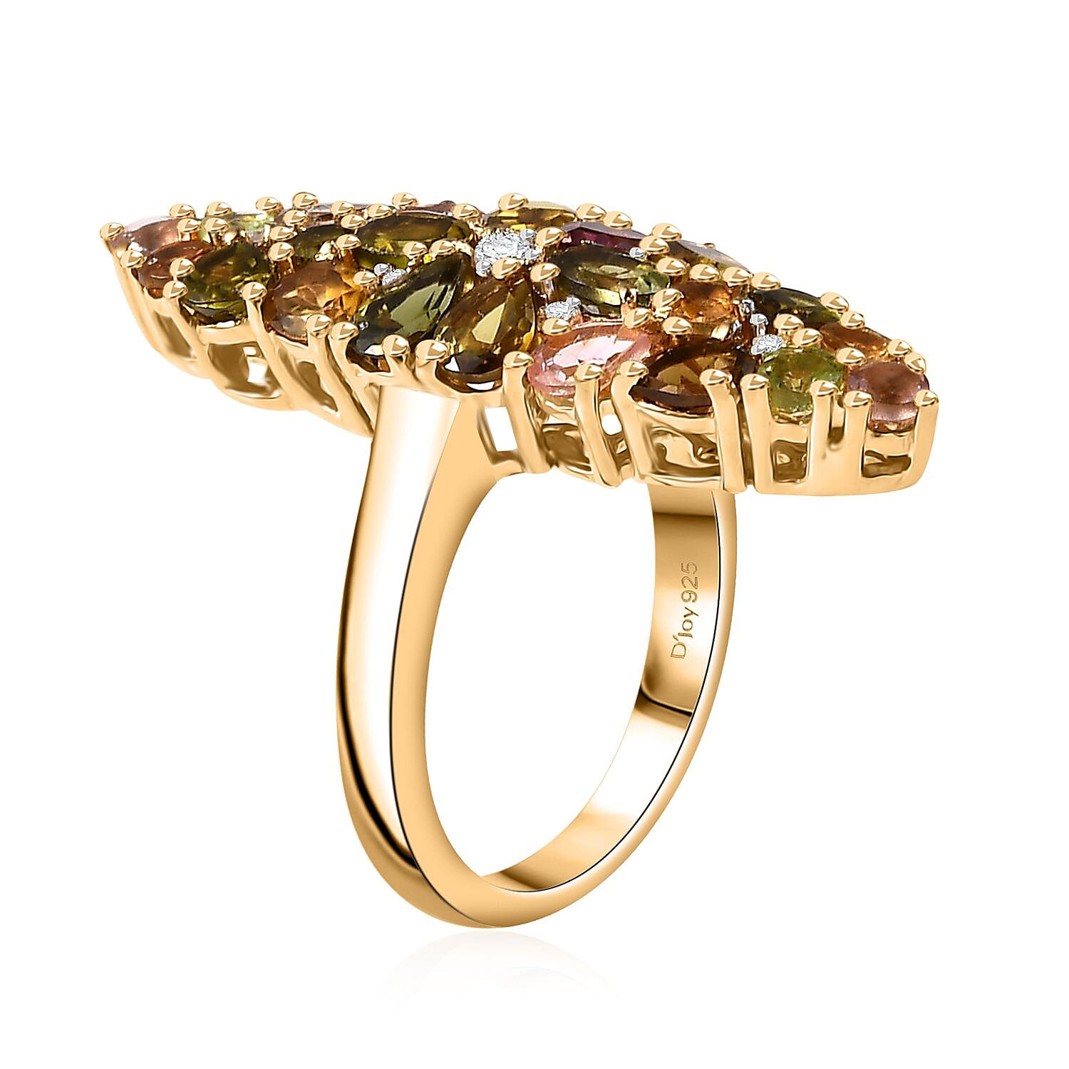 D'Joy Multi-Tourmaline and White Zircon 3.15 ctw Bunch of Flower Ring in 18K Vermeil Yellow Gold Over Sterling Silver (Size 10.0)