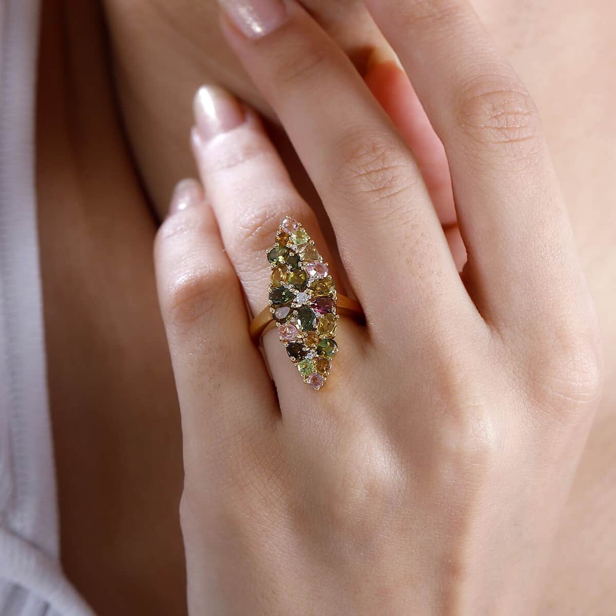 Multi-Tourmaline and White Zircon 3.15 ctw Bunch of Flower Ring in 18K Vermeil Yellow Gold Over Sterling Silver (Size 5.0) image number 2