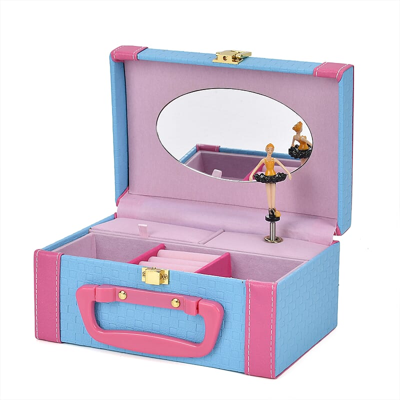  Rose Red and Blue Woven Texture Faux Leather 2 Layer Musical Jewelry Box