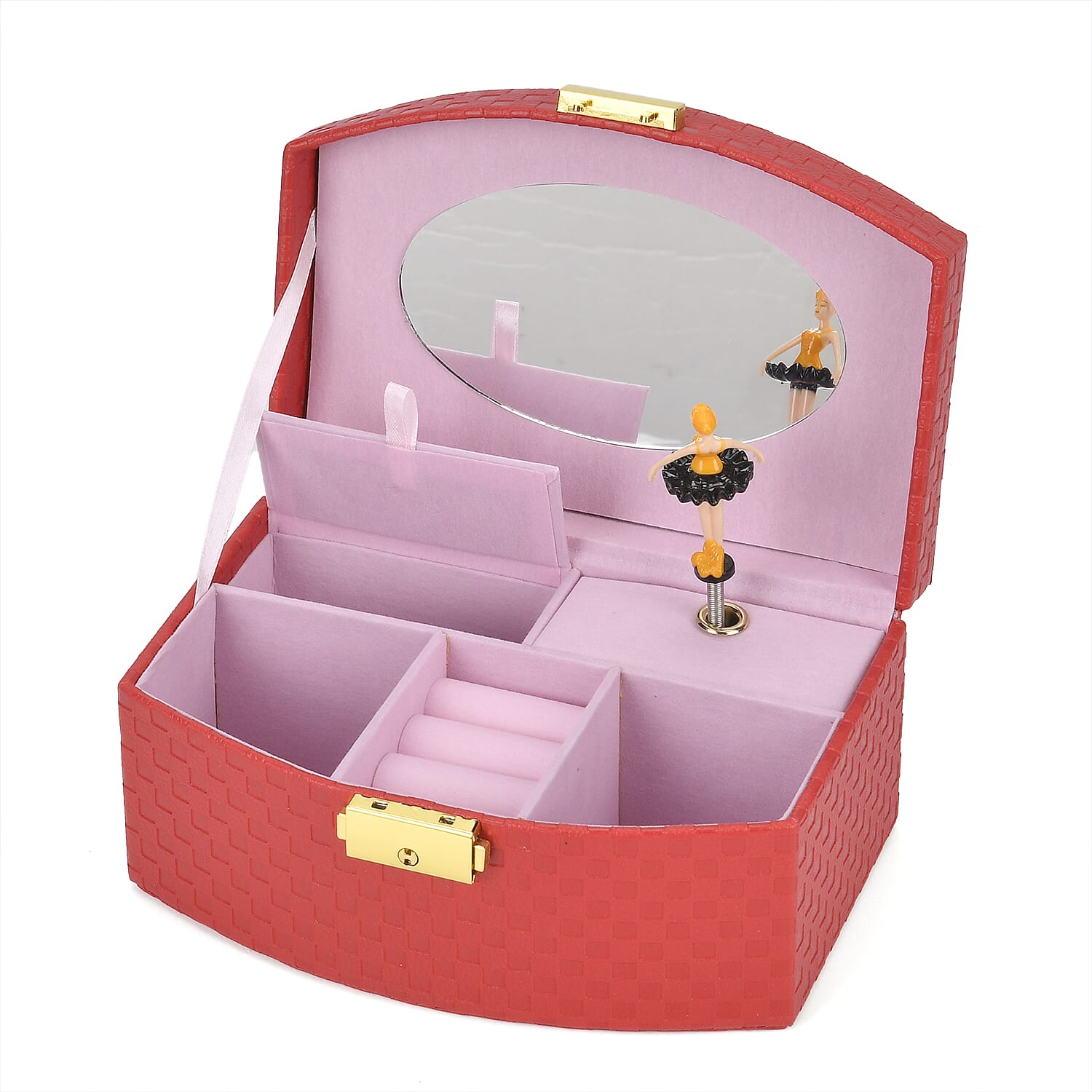 Red Fan Shape Faux Leather Music Jewelry Box with Handle
