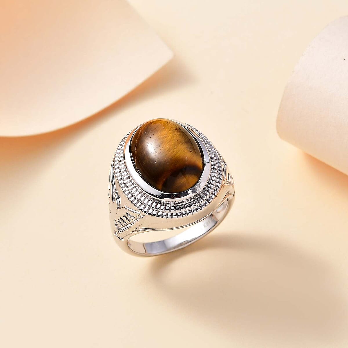 Karis Tiger's Eye 5.85 ctw Men's Ring in Platinum Bond (Size 12.0) image number 1