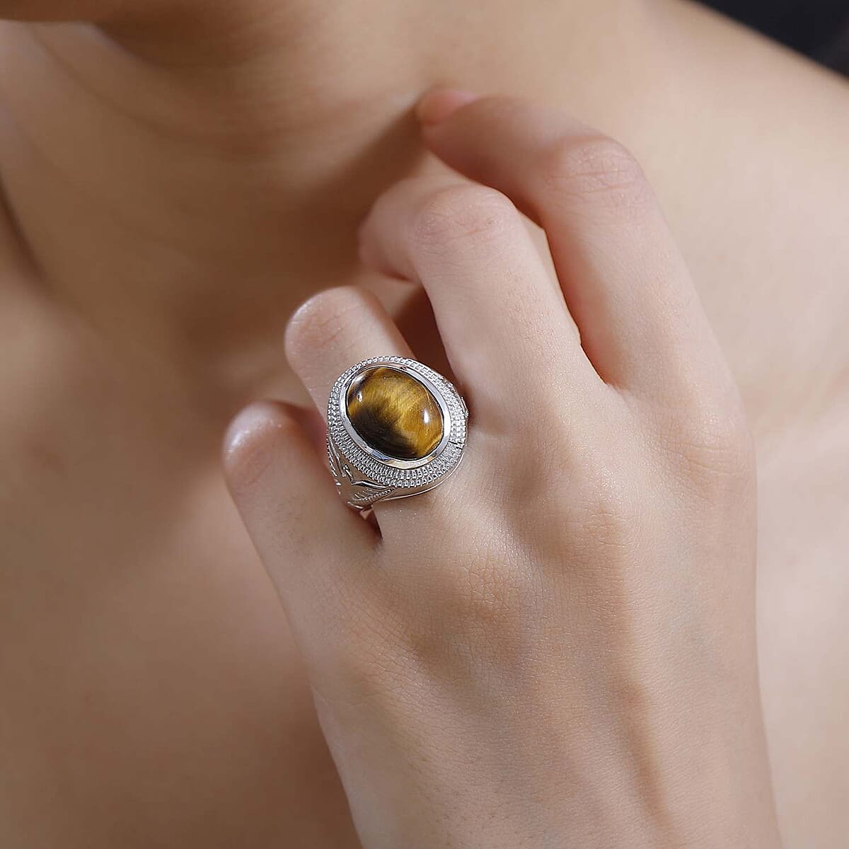 Karis Tiger's Eye 5.85 ctw Men's Ring in Platinum Bond (Size 12.0) image number 2