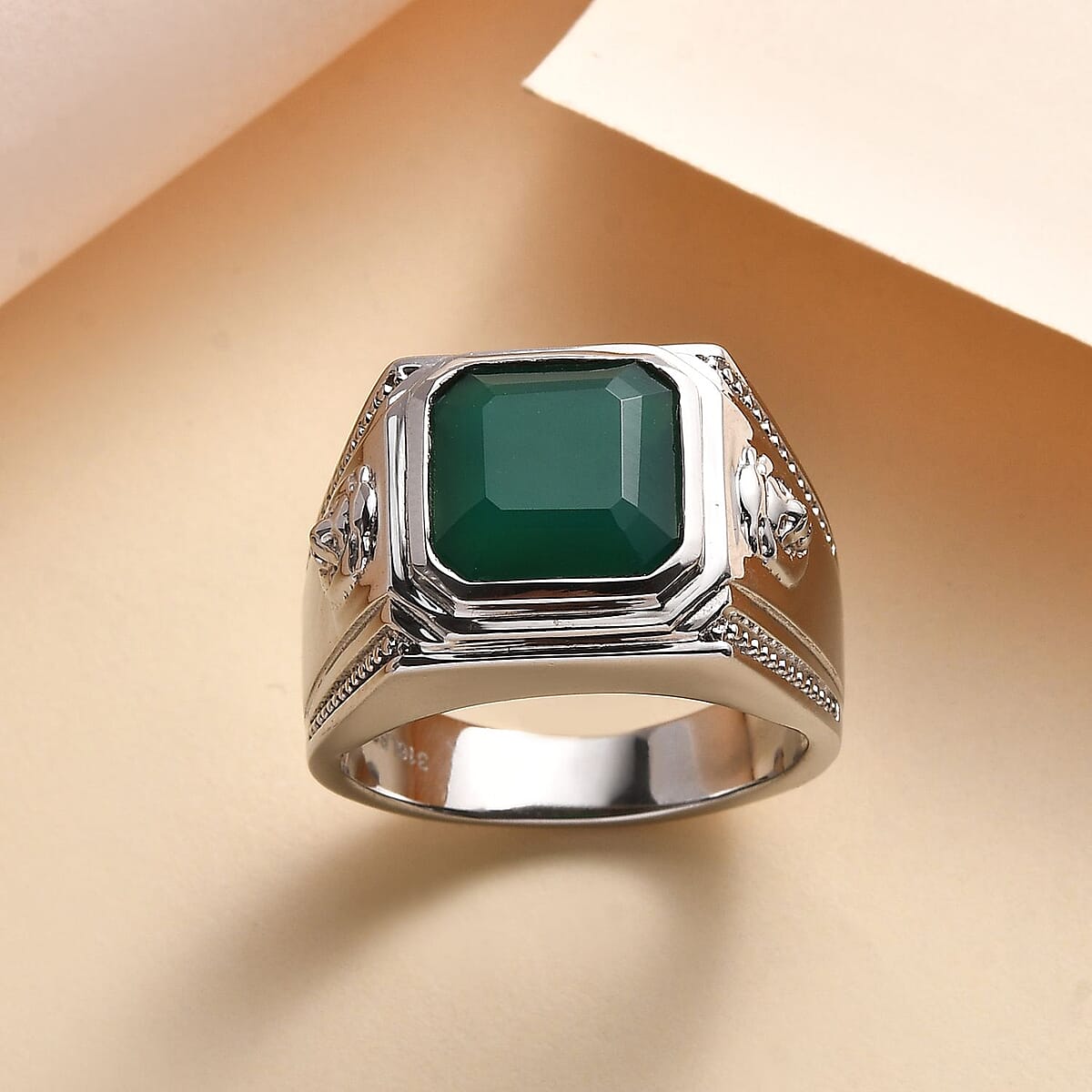Asscher Cut Green Onyx 5.35 ctw Men's Ring in Stainless Steel (Size 11.0) image number 1