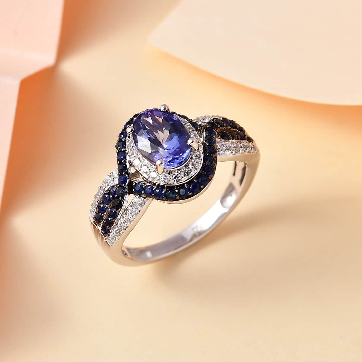 Tanzanite, Multi Gemstone Halo Ring in Platinum Over Sterling Silver (Size 10.0) 2.35 ctw image number 1