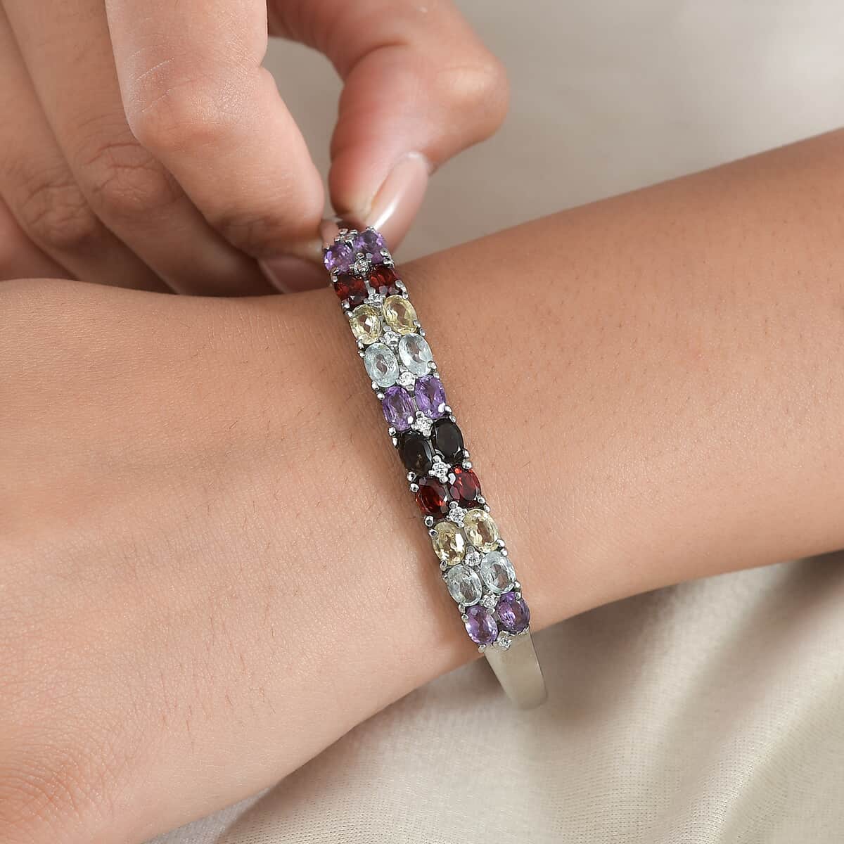 Multi Gemstone 10.50 ctw Bangle Bracelet in Stainless Steel (6.50 In) image number 2