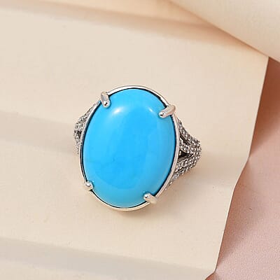 Premium Sleeping Beauty Turquoise and White Zircon Ring in Platinum Over Sterling Silver (Size 10.0) 7.85 ctw