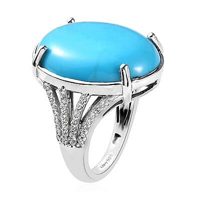 Premium Sleeping Beauty Turquoise and White Zircon Ring in Platinum Over Sterling Silver (Size 10.0) 7.85 ctw