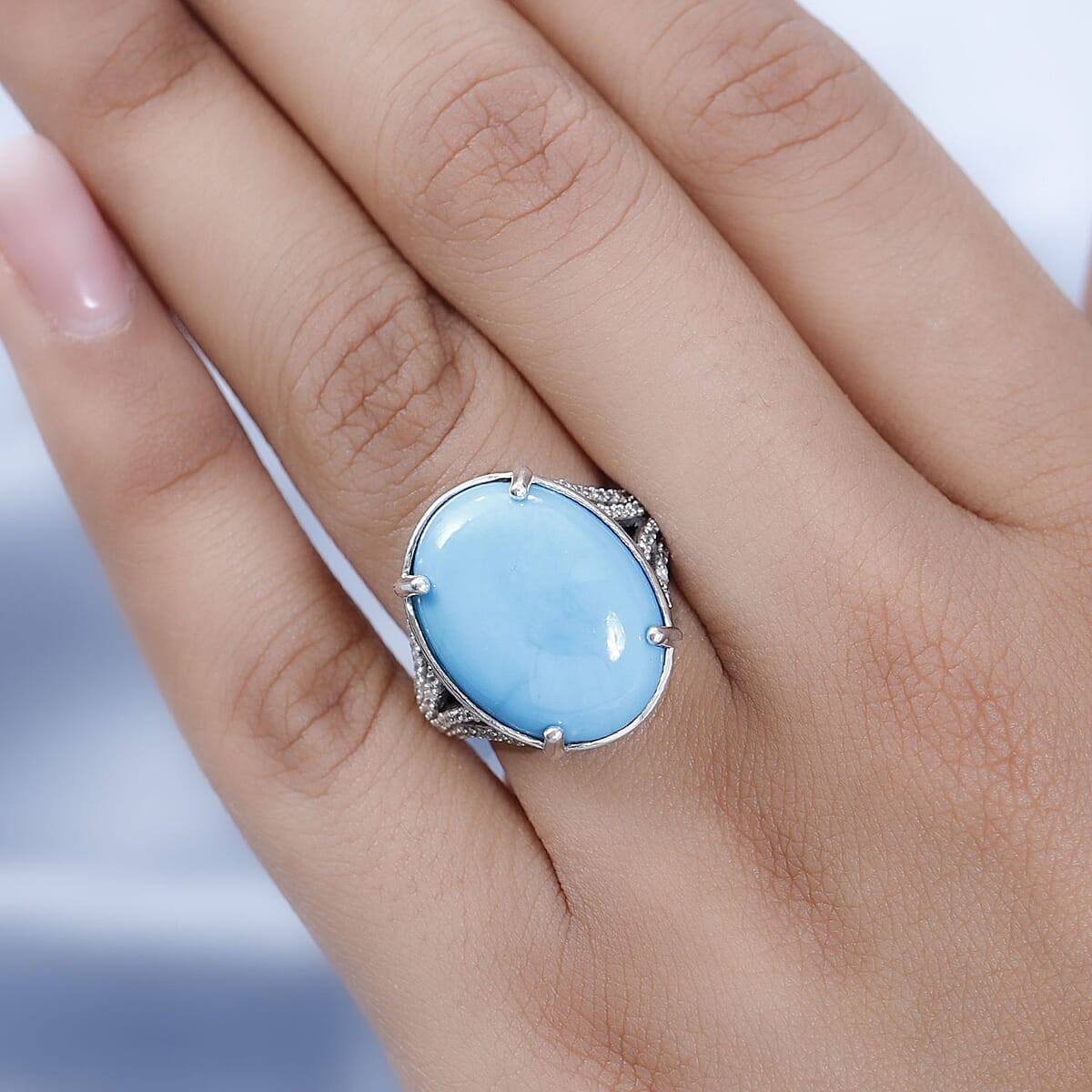 Premium Sleeping Beauty Turquoise and White Zircon Ring in Platinum Over Sterling Silver (Size 7.0) 7.85 ctw image number 2