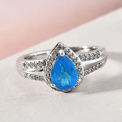 Malgache Neon Apatite and Natural White Zircon Split Shank Ring in Platinum Over Sterling Silver (Size 10.0) 1.50 ctw