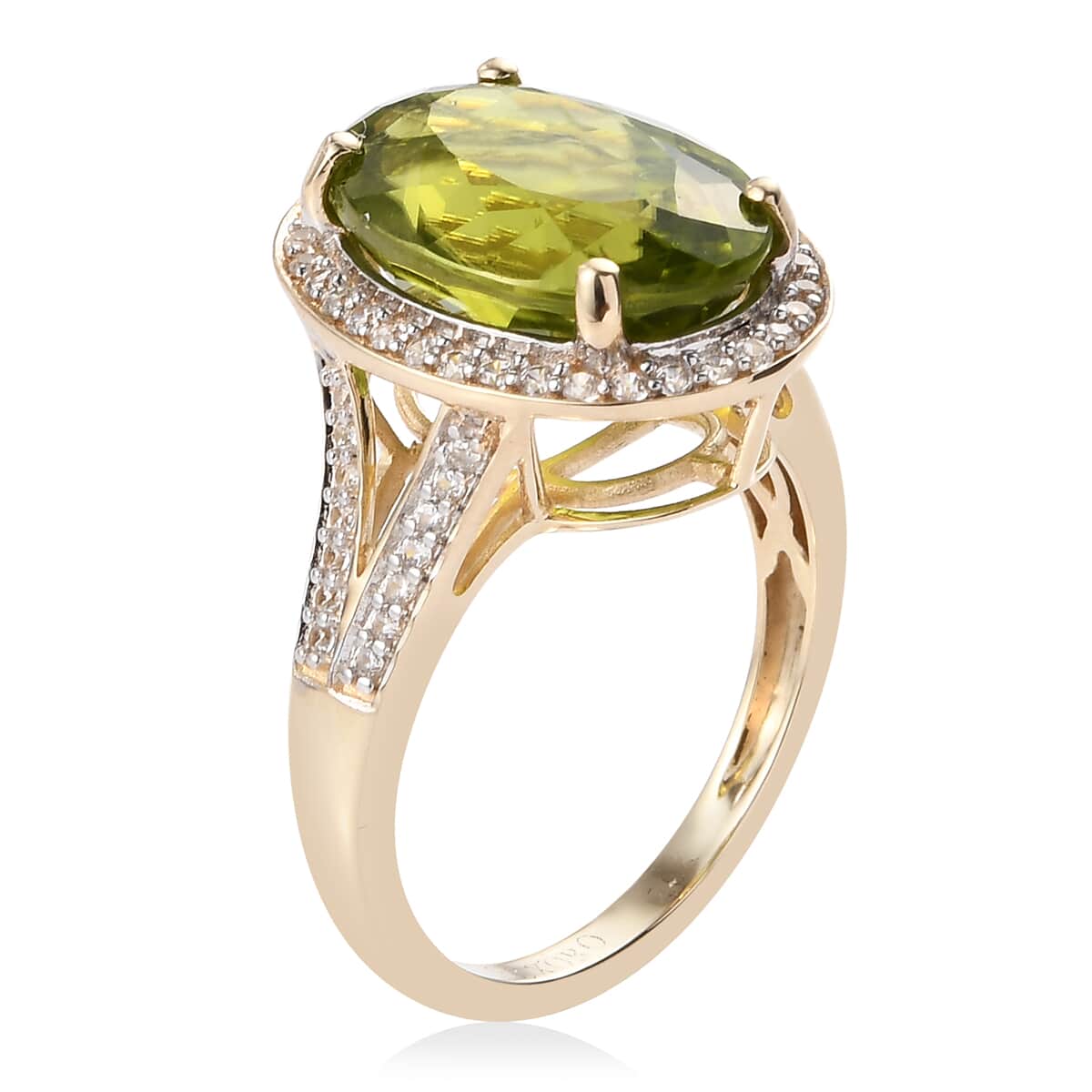 Luxoro 10K Yellow Gold Premium Peridot and White Zircon Halo Ring (Size 6.0) 7.50 ctw image number 3