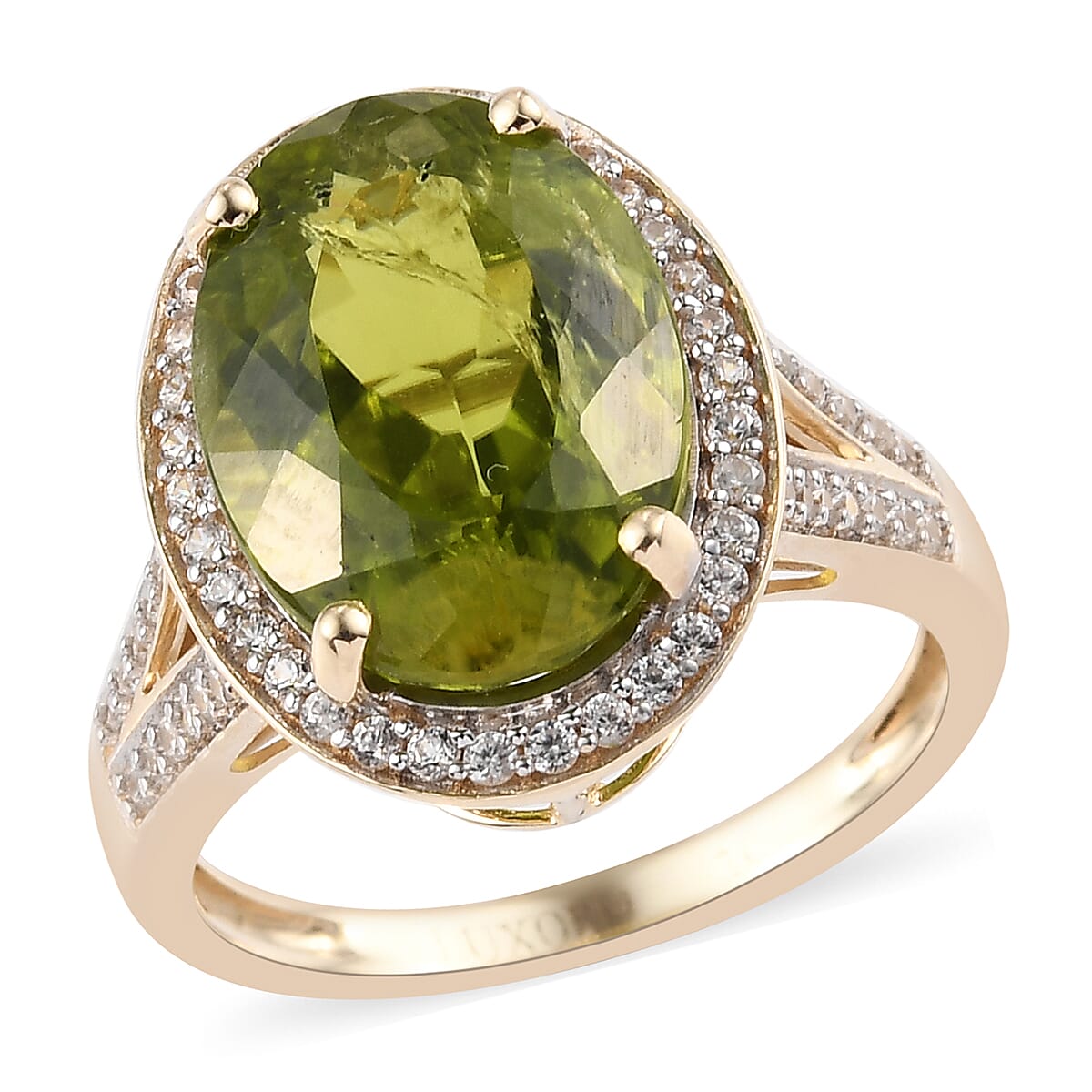 Luxoro 10K Yellow Gold Premium Peridot and White Zircon Halo Ring (Size 7.0) 7.50 ctw image number 0