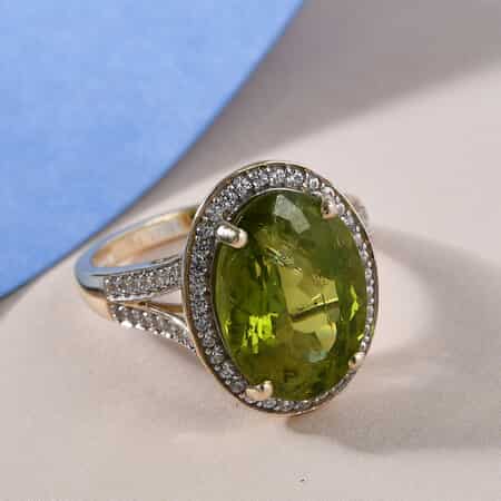 Luxoro 10K Yellow Gold Premium Peridot and White Zircon Halo Ring (Size 7.0) 7.50 ctw image number 1
