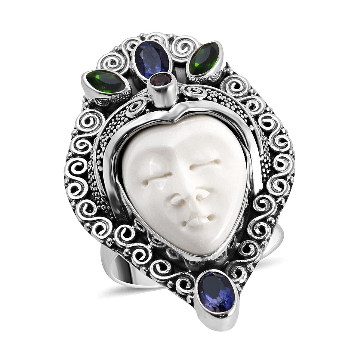 BALI GODDESS Carved Bone and Multi Gemstone Ring in Sterling Silver 1.10 ctw image number 0