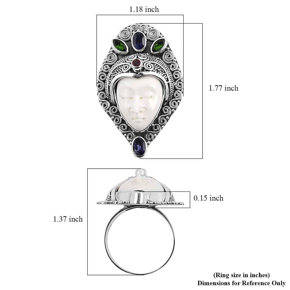 BALI GODDESS Carved Bone and Multi Gemstone Ring in Sterling Silver 1.10 ctw image number 5