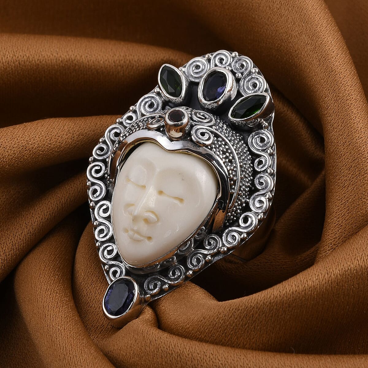 Bali Goddess Carved Bone and Multi Gemstone Ring in Sterling Silver (Size 6.0) 1.10 ctw image number 1