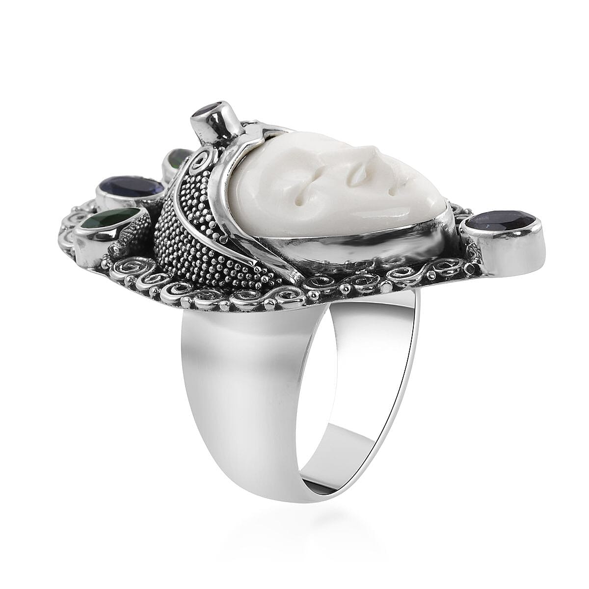 Bali Goddess Carved Bone and Multi Gemstone Ring in Sterling Silver (Size 6.0) 1.10 ctw image number 3