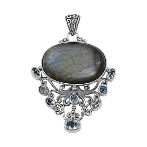 Bali Legacy Malagasy Labradorite and Swiss Blue Topaz Pendant in Sterling Silver 42.40 ctw