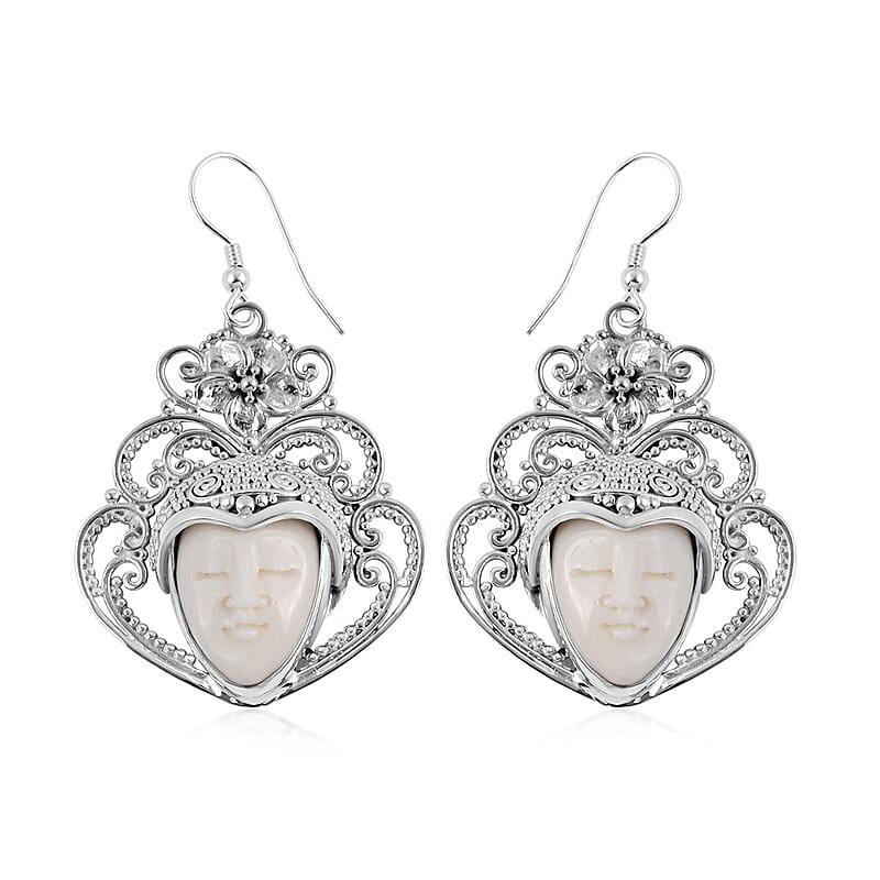 Bali Goddess Carved Bone Earrings in Sterling Silver