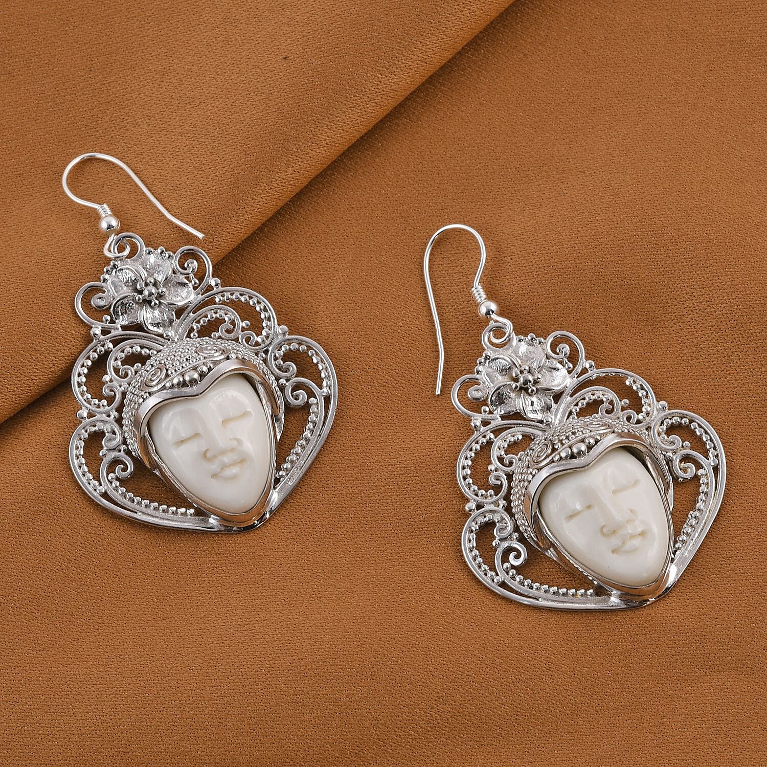 Bali Goddess Carved Bone Earrings in Sterling Silver