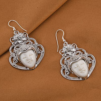 Bali Goddess Carved Bone Earrings in Sterling Silver