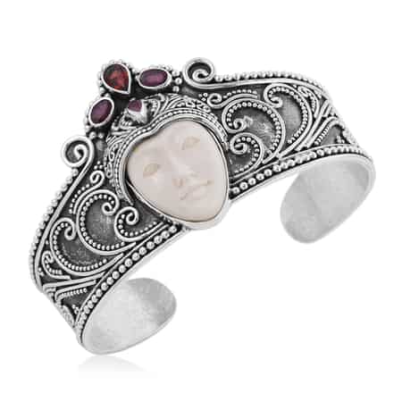 Bali Goddess Carved Bone and Niassa Ruby (FF) Cuff Bracelet in Sterling Silver (7.50 in) 2.25 ctw image number 0