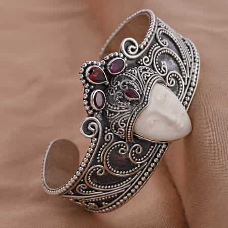 Bali Goddess Carved Bone and Niassa Ruby (FF) Cuff Bracelet in Sterling Silver (7.50 in) 2.25 ctw image number 1