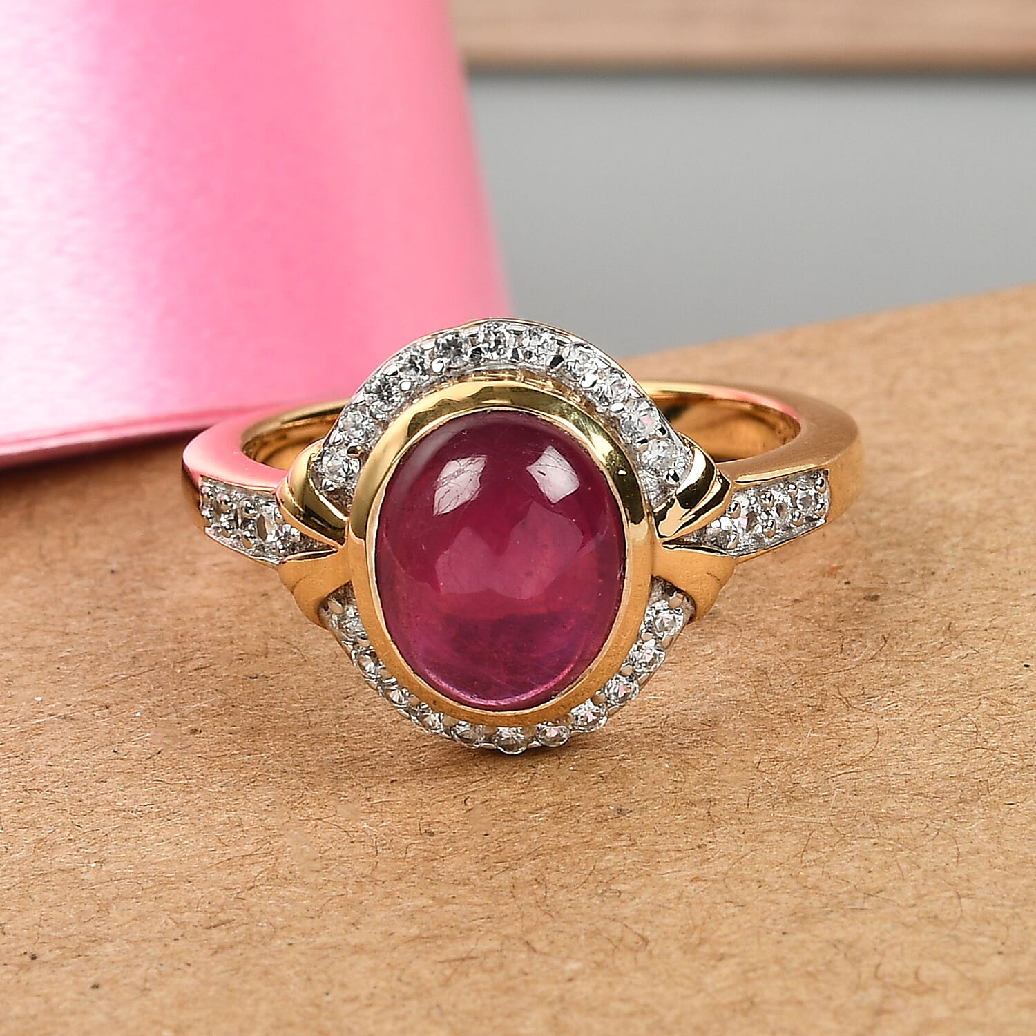 Niassa Ruby (FF) and White Zircon 3.40 ctw Ring in 14K YG Over Sterling Silver (Size 10.0)
