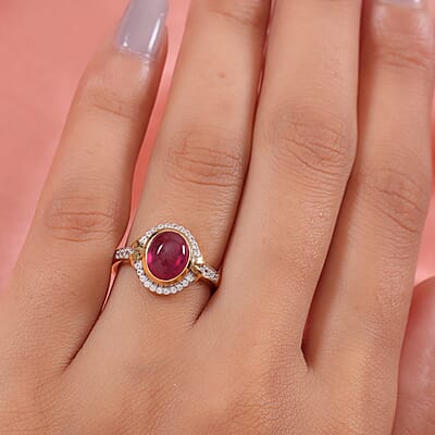 Niassa Ruby (FF) and White Zircon 3.40 ctw Ring in 14K YG Over Sterling Silver (Size 10.0)