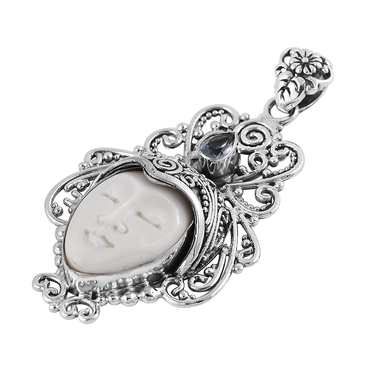 Bali Goddess Carved Bone and Sky Blue Topaz Pendant in Sterling Silver 10.90 Grams 0.50 ctw image number 2