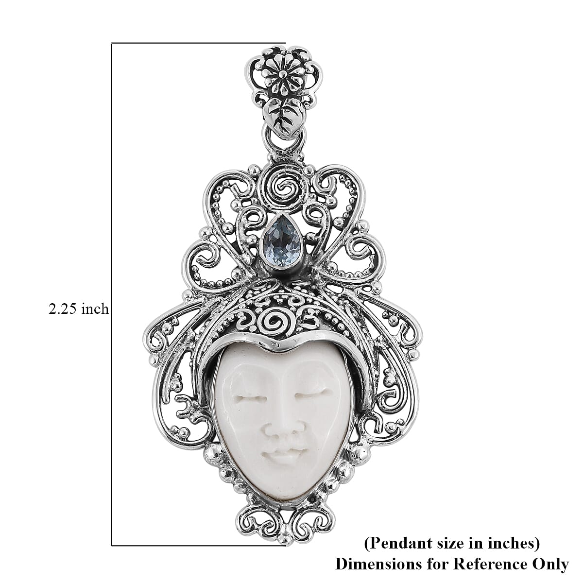 Bali Goddess Carved Bone and Sky Blue Topaz Pendant in Sterling Silver 10.90 Grams 0.50 ctw image number 4