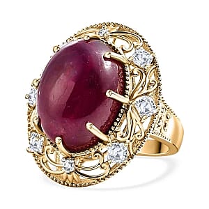 Premium Niassa Ruby (FF) and White Zircon 30.88 ctw Ring in 18K Vermeil Yellow Gold Over Sterling Silver (Size 6.5) (7.57 g)