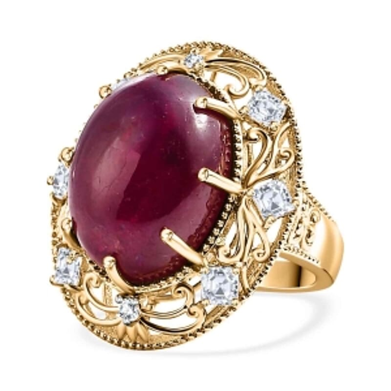 Premium Niassa Ruby (FF) and White Zircon 30.88 ctw Ring in 18K Vermeil Yellow Gold Over Sterling Silver (Size 6.5) (7.57 g)