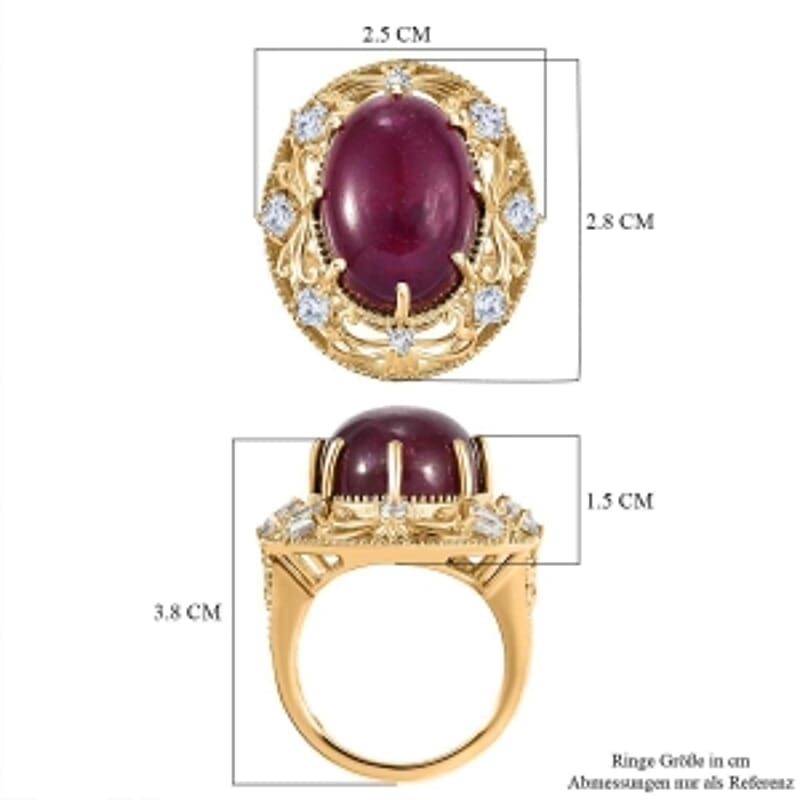 Premium Niassa Ruby (FF) and White Zircon 30.88 ctw Ring in 18K Vermeil Yellow Gold Over Sterling Silver (Size 6.5) (7.57 g)
