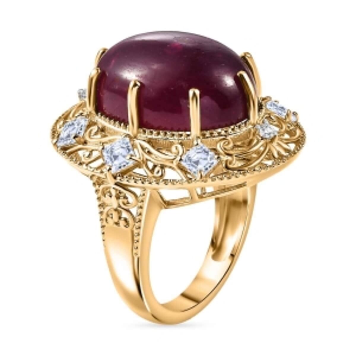 Premium Niassa Ruby (FF) and White Zircon 30.88 ctw Ring in 18K Vermeil Yellow Gold Over Sterling Silver (Size 6.5) (7.57 g) image number 6