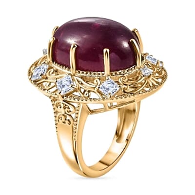 Premium Niassa Ruby (FF) and White Zircon 30.88 ctw Ring in 18K Vermeil Yellow Gold Over Sterling Silver (Size 6.5) (7.57 g)