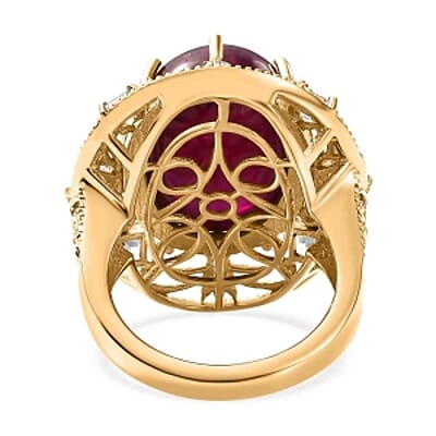 Premium Niassa Ruby (FF) and White Zircon 30.88 ctw Ring in 18K Vermeil Yellow Gold Over Sterling Silver (Size 6.5) (7.57 g)