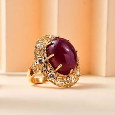 Premium Niassa Ruby (FF) and White Zircon 30.88 ctw Ring in 18K Vermeil Yellow Gold Over Sterling Silver (Size 6.5) (7.57 g)
